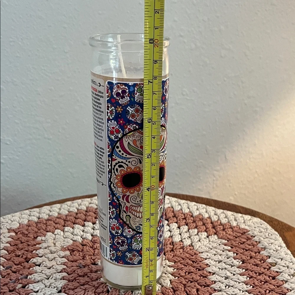 Vibrant Sugar Skull Candle with Blue Floral Design